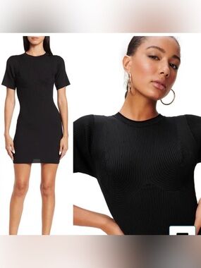 Good American plaited ribbed mini t shirt dress black size 4